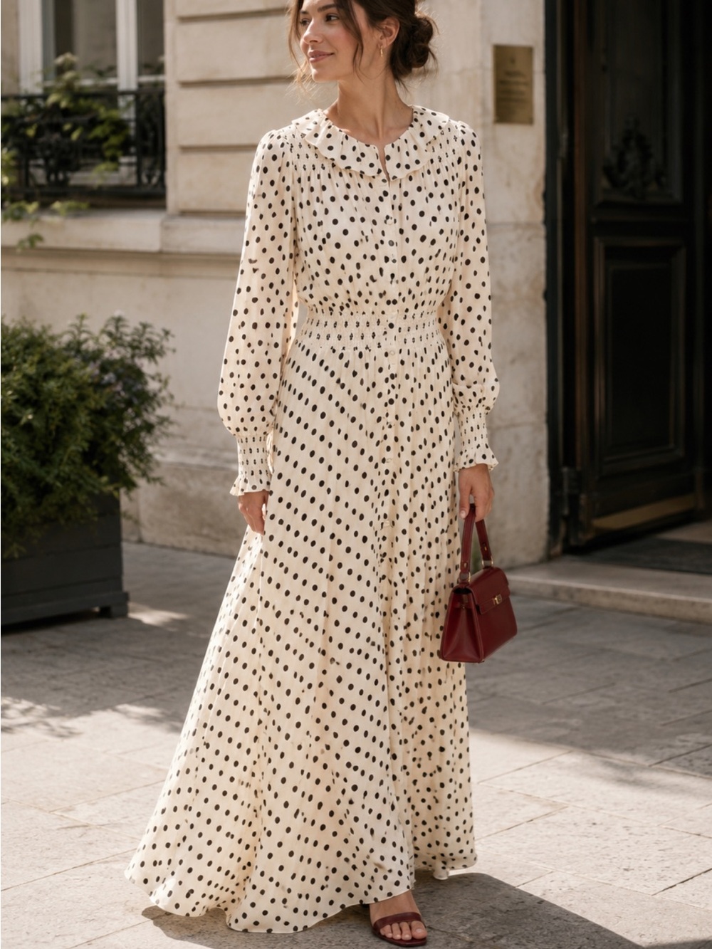 Reformation x Nara Smith Brown Sugar Ruffle Polka Dot Midi Dress - Picture 1 of 10